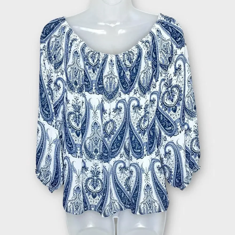 JOIE Silk Paisley Boho Blouse Navy White Flowy Semi Sheer Size Small - Picture 3 of 6